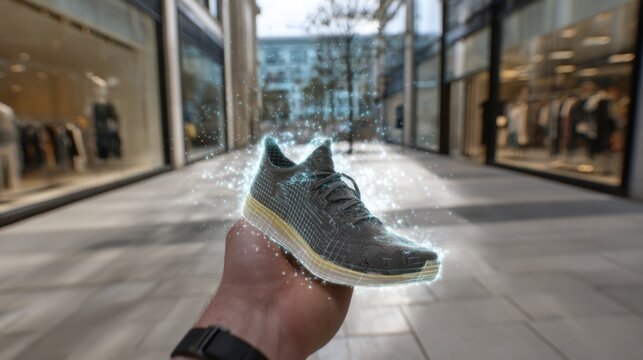 Medium shot showing a runner exploring virtual court shoe options through augmented reality with the shoe in sharp focus and the surroundings blurred.