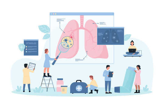 Lung examination in hospital, pulmonology vector illustration. Cartoon tiny people with magnifying glass check human lungs for respiratory infection, tuberculosis or pneumonia, bronchial asthma