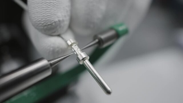 Precise cable crimp connector inspection measurement with micrometer in manufacturing facility laboratory