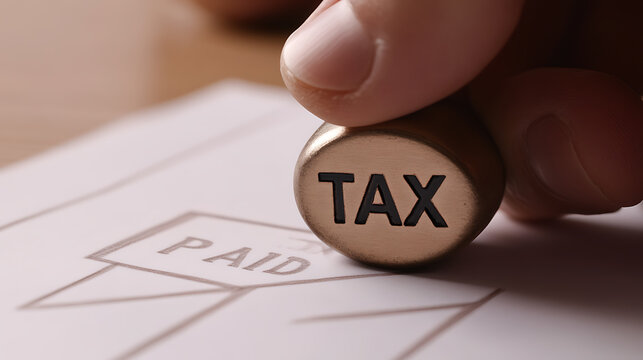 Close-up shot of a person holding a tax stamp above a document, signifying tax payment. The image represents financial responsibility and compliance with regulatory obligations.
