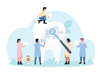Dental treatment, dentistry vector illustration. Cartoon tiny dentists treat sensitive tooth enamel, people holding puzzle pieces to connect parts and solve patients dental problems with teeth