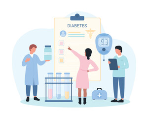 Diabetes medical checkup vector illustration. Cartoon tiny doctor characters monitor sugar blood level with glucometer, check patient health, control hyperglycemia and hypoglycemia with therapy