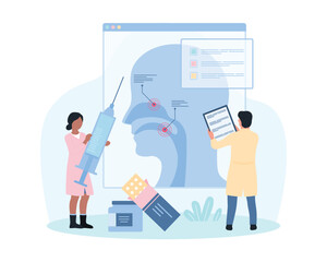 ENT clinic, otolaryngology vector illustration. Cartoon tiny otolaryngologists study medical anatomy infographic chart of ears, throat, and nose, doctors analyze respiratory system of patient