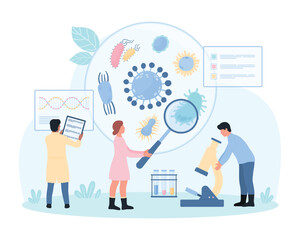Epidemiology, bacteriology and infectious disease research vector illustration. Cartoon tiny people with magnifying glass and laboratory microscope study microorganisms in Petri dish, test tubes