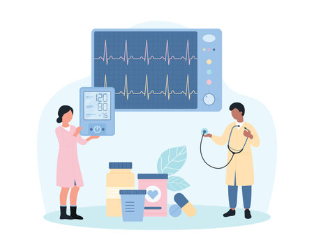 Heart rate monitor, cardiology examination vector illustration. Cartoon tiny people analyze electrocardiogram graph on screen of ECG machine, doctors measure blood pressure and pulse of patient
