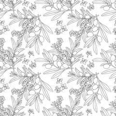 Fototapeta premium Seamless pattern drawing olive oil fruits branch. Hand drawn floral illustration olives fruit tree branches leaves background black. Drawings food. Edible foliage vector. Fabric wrapping decor menu