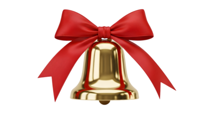 Golden christmas bell with red ribbon isolated on transparent background