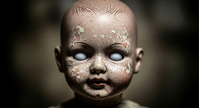Close up old creepy baby doll head with cracked face and white eyes. Horrifying toy for Halloween. Vintage horror concept banner for cinema poster with copy space.