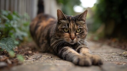 A striking tortoiseshell cat stretches languidly on a stone garden path its gaze fixed intently forward with alert green eyes