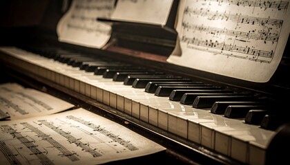Fototapeta premium An antique piano is the focal point, showcasing its black and white keys. Sheet music rests on the stand, creating an ambience. Warm light illuminates the scene