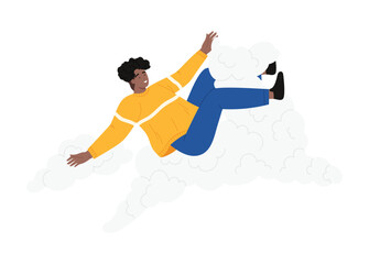Obraz premium Young adult in yellow sweater floating on isolated fluffy cloud, joyful and carefree vector illustration