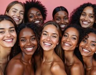 Diverse group of smiling women posing together. Women with different skin tones celebrate friendship. Group of friends enjoy time together. Concept about beauty and diversity.
