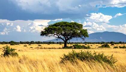 Obraz premium An African savannah landscape. A lone tree stands amidst golden grasses under a dramatic sky with puffy clouds and a distant mountain range