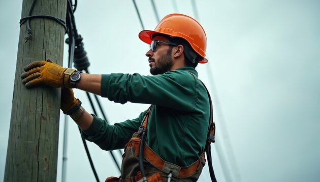 Fototapeta Electrician wearing hard hat climbs wooden pole fixing overhead power lines. Worker with safety gear repairs electrical wire against sky. High voltage maintenance job.