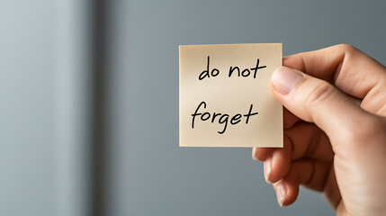 Hand holding a reminder note with the message 'do not forget' against a muted grey backdrop. Simple prompt to remember essential tasks. Visual cue to stay organized.