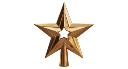 Golden star tree topper isolated on transparent background, perfect for christmas tree