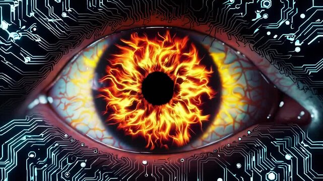 Fascinating digital art showcasing a fiery eye surrounded by intricate circuit patterns