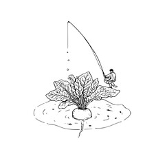 A whimsical drawing of a man fishing from a large beet with a fishing rod and some water droplets falling