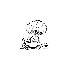 A whimsical drawing of a broccoli character driving a car with a broccoli tree on top of the vehicle