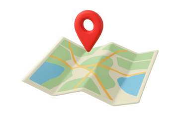 Map with a red gps pin showing a highlighted location, destination, and navigation route on a transparent background