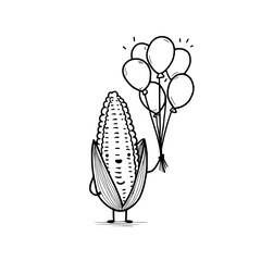 A cute corn cob character holding a bunch of balloons in a black and white line drawing illustration