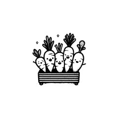 Illustration of five cute carrots with faces in a striped container with small diamonds above them