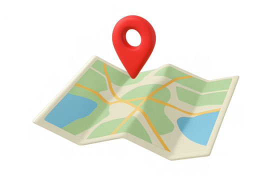 Map with a red gps pin showing a highlighted location, destination, and navigation route on a transparent background