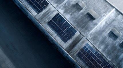 Aerial view of an industrial building rooftop covered with solar panels and ventilation units