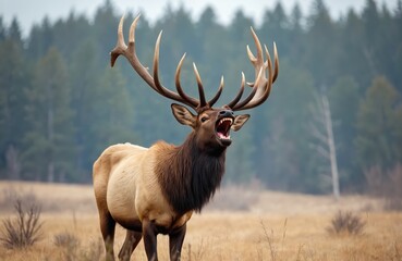 Obraz premium Large male elk bugling in open field. Bull elk makes loud sound, has big antlers. Brown animal stands in dry grass, forest trees in background. Wildlife scene, rut season, majestic creature.