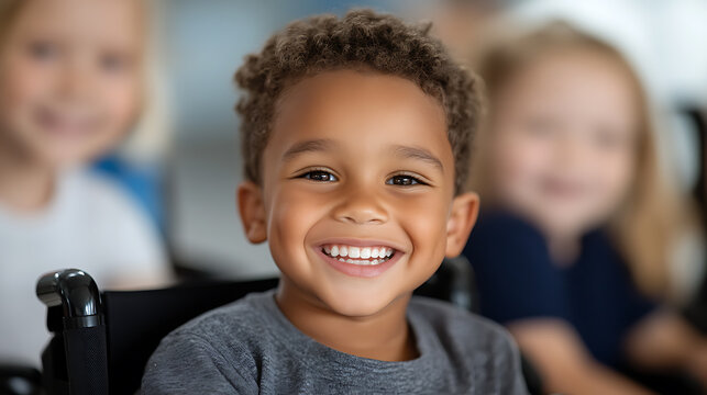A joyful young boy with an infectious smile takes center stage, his eyes sparkling with delight. Surrounded by classmates, he embodies the spirit of inclusion and the joy of learning.