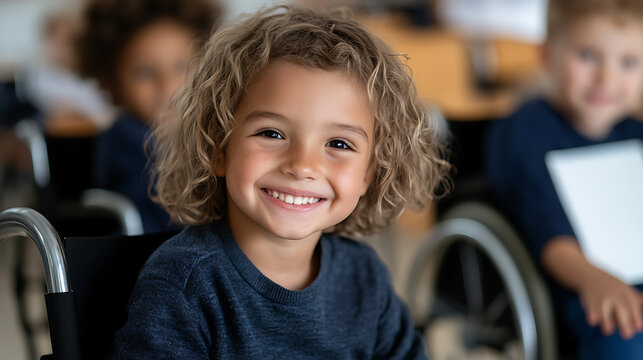 Smiling student with curly blonde hair poses in a wheelchair inside a classroom with other students, radiating joy and inclusivity in their learning environment.