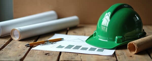 Green hard hat and rolled blueprints sit on rustic wood. Document shows bar graphs and line charts. Pen lies on papers. Planning stage for building project.