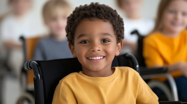 A happy child with a disability smiles radiantly in a wheelchair, surrounded by diverse classmates in an inclusive school setting, promoting positivity. - Powered by Adobe