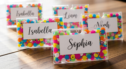 Colorful name tags with confetti design on wooden table backdrop  