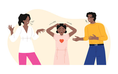 Obraz premium Stressed child between arguing parents showing family abuse and emotional distress on isolated vector illustration