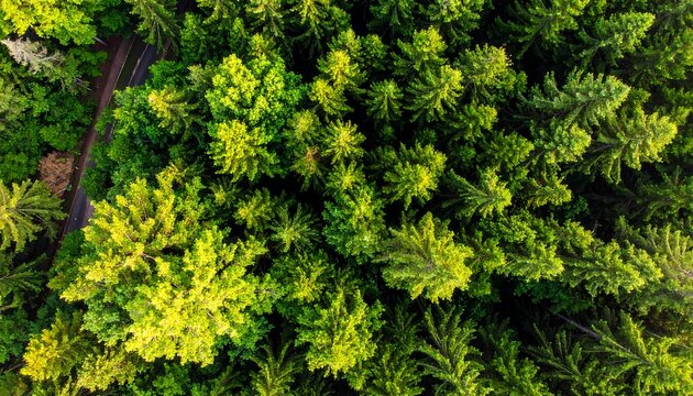 Aerial view reveals a forest canopy of vibrant green trees with a winding road cutting through the dense foliage. Sunlight illuminates the treetops - Powered by Adobe