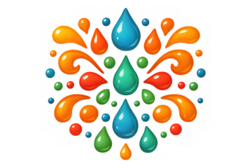 Colorful glossy paint drops and splashes forming abstract mandala pattern, transparent background