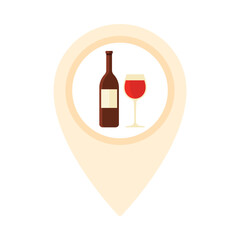 Isolated wine bottle and glass icon in map marker for food and drink location vector illustration