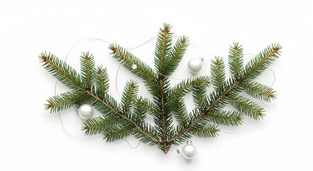 Festive Composition Featuring Fir Tree Branches, Minimal Ornament, Isolated on White, Modern Christmas Border Concept, Top View