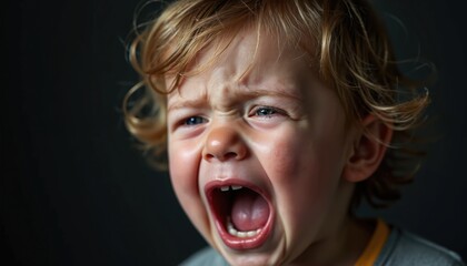Portrait of distressed child with open mouth and crying eyes on black backdrop. Little boy expresses negative emotions. Child is screaming loudly about something sad or scary.