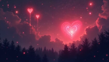 Hearts float above forest against red sky with clouds. Fantasy scene features soft glow, dreamlike atmosphere. Illustration romance affection. Backdrop works for Valentine day greeting cards love