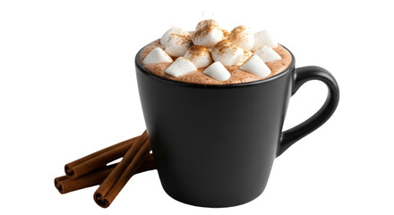 Mug of hot chocolate with marshmallows isolated on transparent background and cinnamon