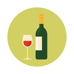 Minimal French wine bottle and glass isolated on green round background for beverage concepts vector illustration