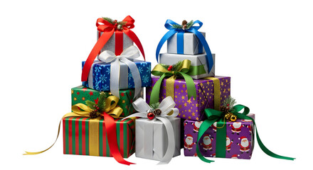 Pile of colorful gift boxes isolated on transparent background, tied with ribbons