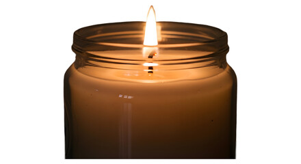 Candle in a glass jar isolated on transparent background, with a bright flame