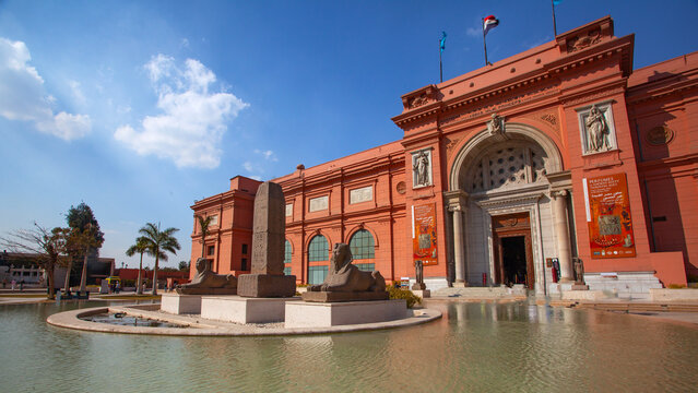 Cairo, Egypt - February 28, 2025:  Exterior of the Museum of Egyptian Antiquities, commonly known as the Egyptian Museum in Cairo, Egyp