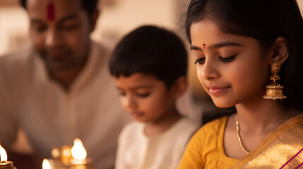 Celebrating traditions: A family, adorned with tilaks, gathers around softly lit lamps during a peaceful moment of reflection and cultural heritage. Warm and serene.