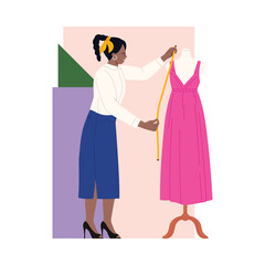 Woman fashion designer measuring pink dress on mannequin as creative hobby isolated vector illustration