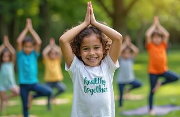 Group of children practice yoga together outdoors in green park. Kids stand in tree pose on yoga mats. Little girl in front wears white t-shirt with healthy together text. Children smile, enjoy yoga