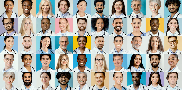This collage features a variety of healthcare professionals from different backgrounds. They are smiling and wearing lab coats, symbolizing teamwork and dedication to patient care.
